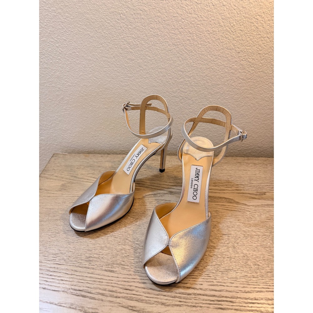 Jimmy Choo Sacora 85 Silver Metallic Leather Peep Toe Ankle Strap Heels Size 38
